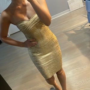 Herve Leger Gold Bodycon Strapless Dress XS